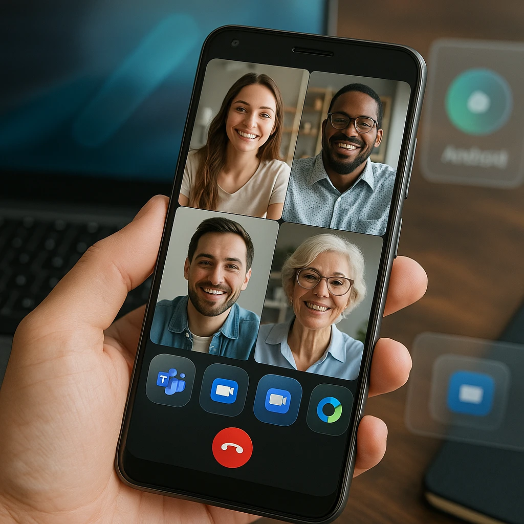Smartphone Android moderne affichant des applications de chat vidéo avec plusieurs personnes à l'écran