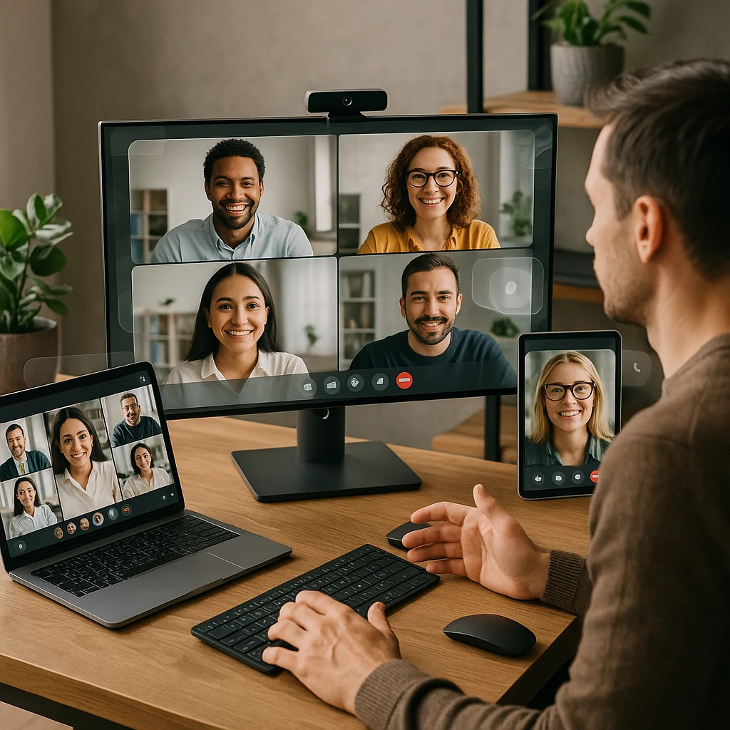Configuration de vidéoconférence professionnelle avec plusieurs écrans affichant différentes plateformes de chat vidéo