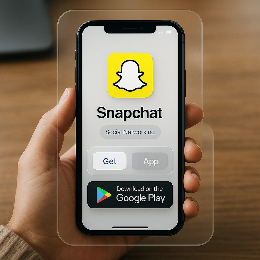 Modern smartphone displaying Snapchat interface with download options, glassmorphic UI elements, clean design