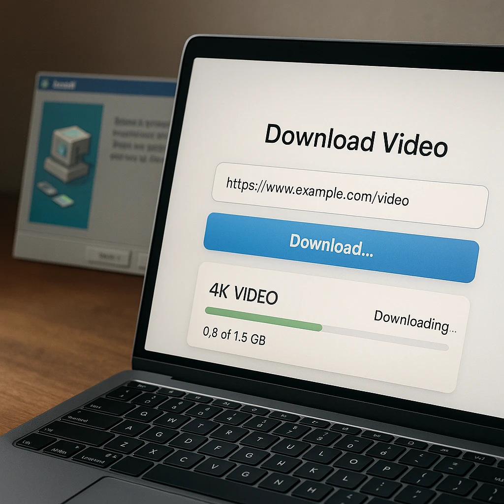 Laptop browser downloading a 4K video from a pasted link while a desktop installer window sits ignored in the background