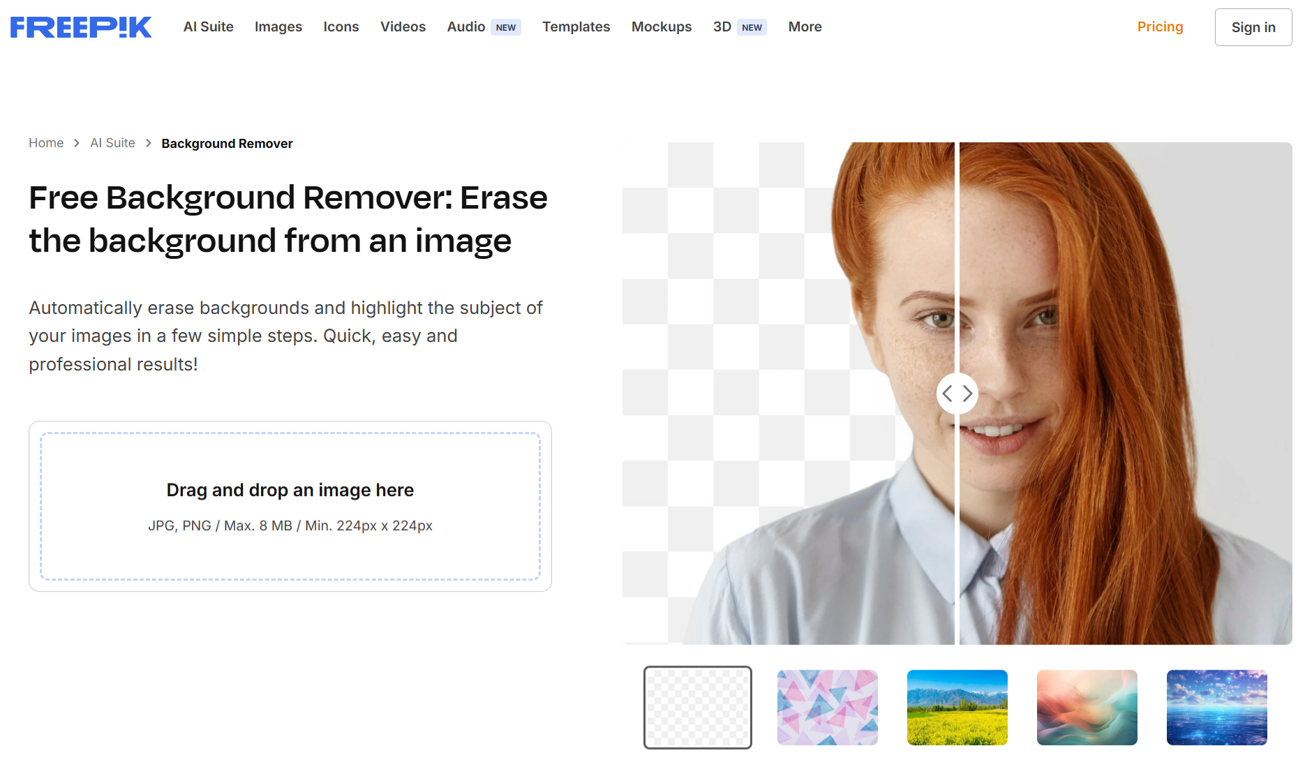 Freepik AI free background remover interface showing one-click remove and replace options