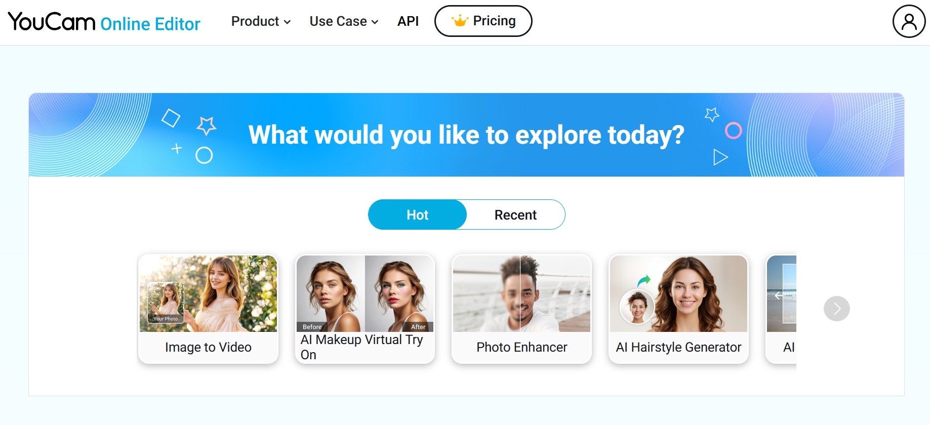 YouCam Online Editor browser-based AI photo editing interface with enhance and color tools