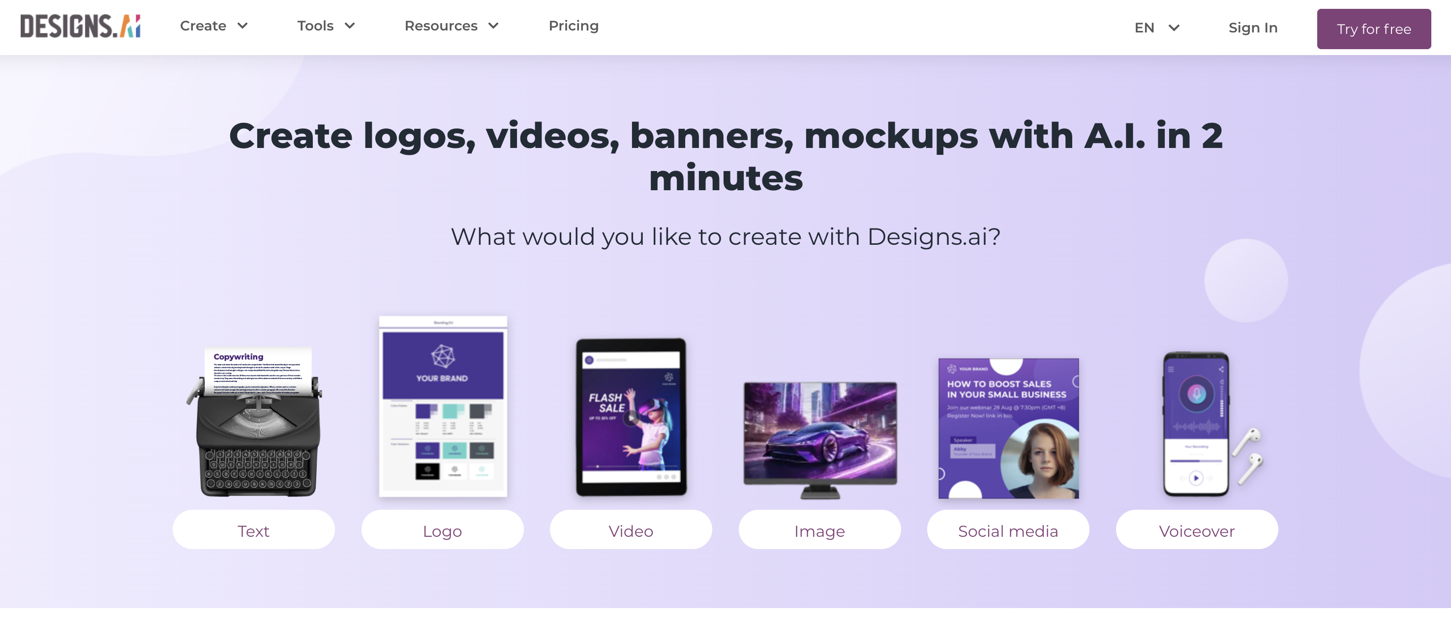 Designs.ai AI design platform interface for logos, videos and mockups