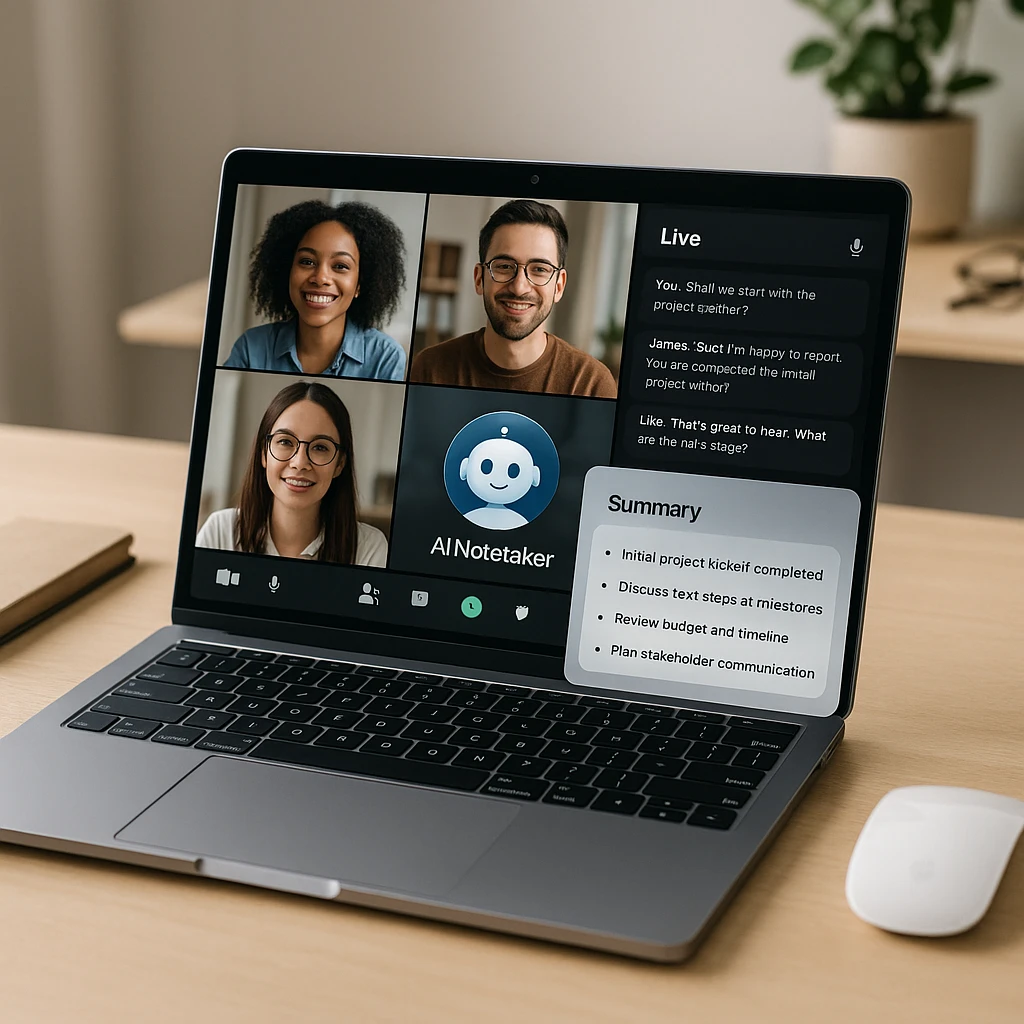 AI meeting notetaker bot joining a video call on a laptop with a live transcript panel and an automatic summary of key points