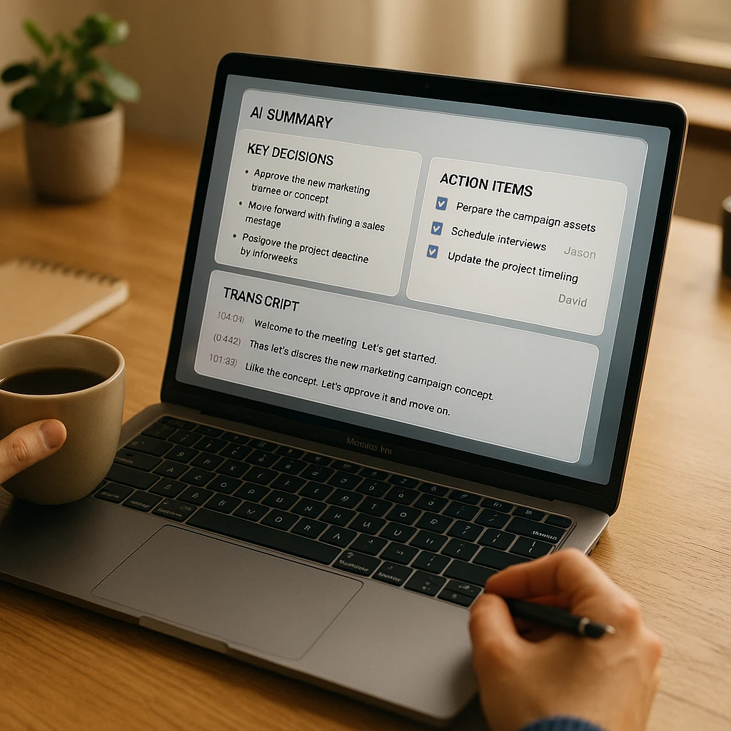 Laptop showing an AI generated meeting summary with key decisions, an action items checklist, and a searchable transcript after a call
