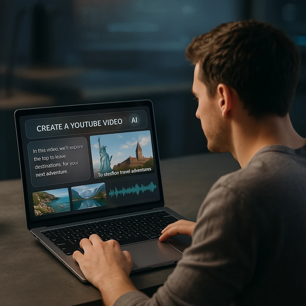 AI turning a written script into a finished YouTube video with stock footage, captions, and a voiceover on a creator's screen