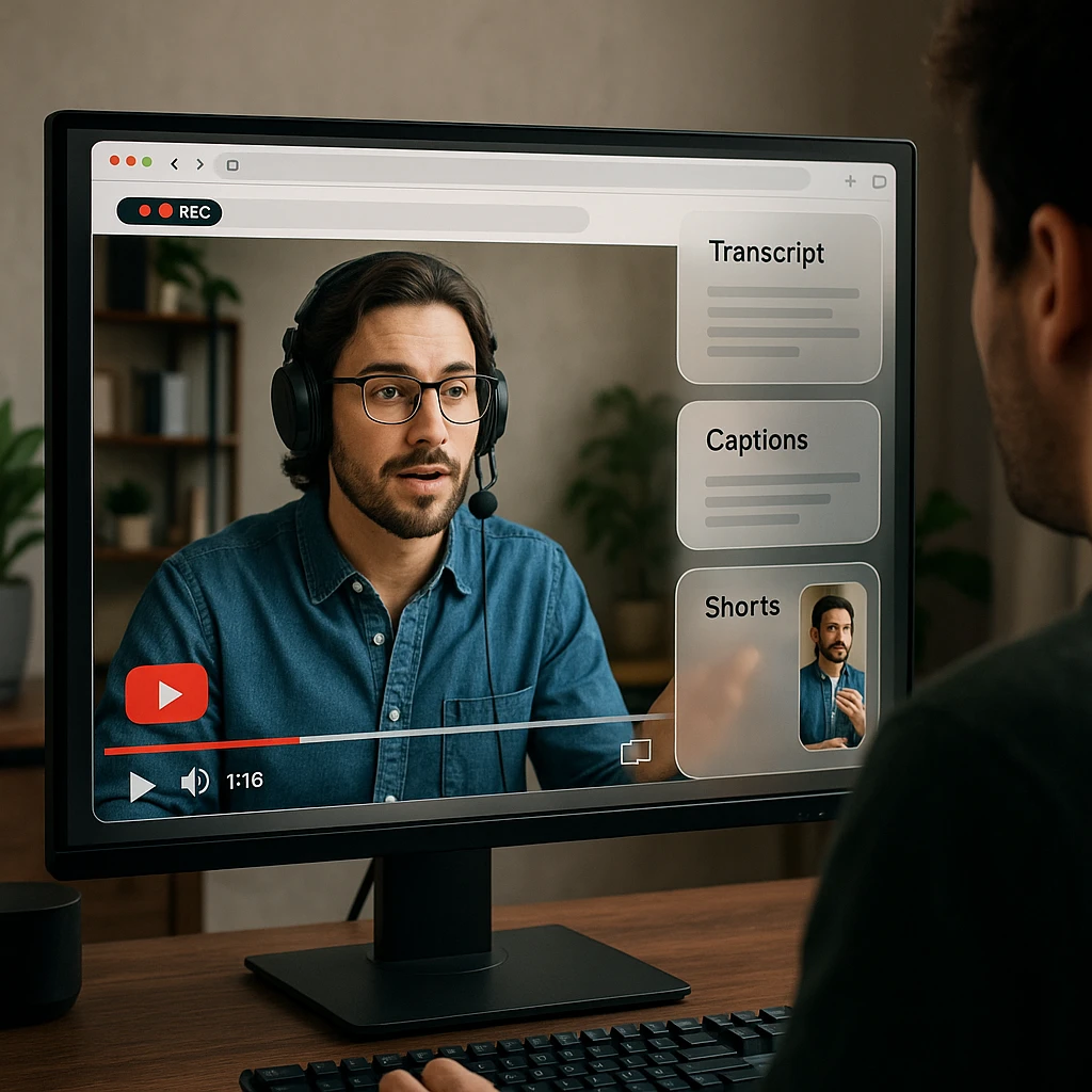 A YouTube creator recording their screen and webcam, then repurposing the footage into transcripts, captions, and short clips