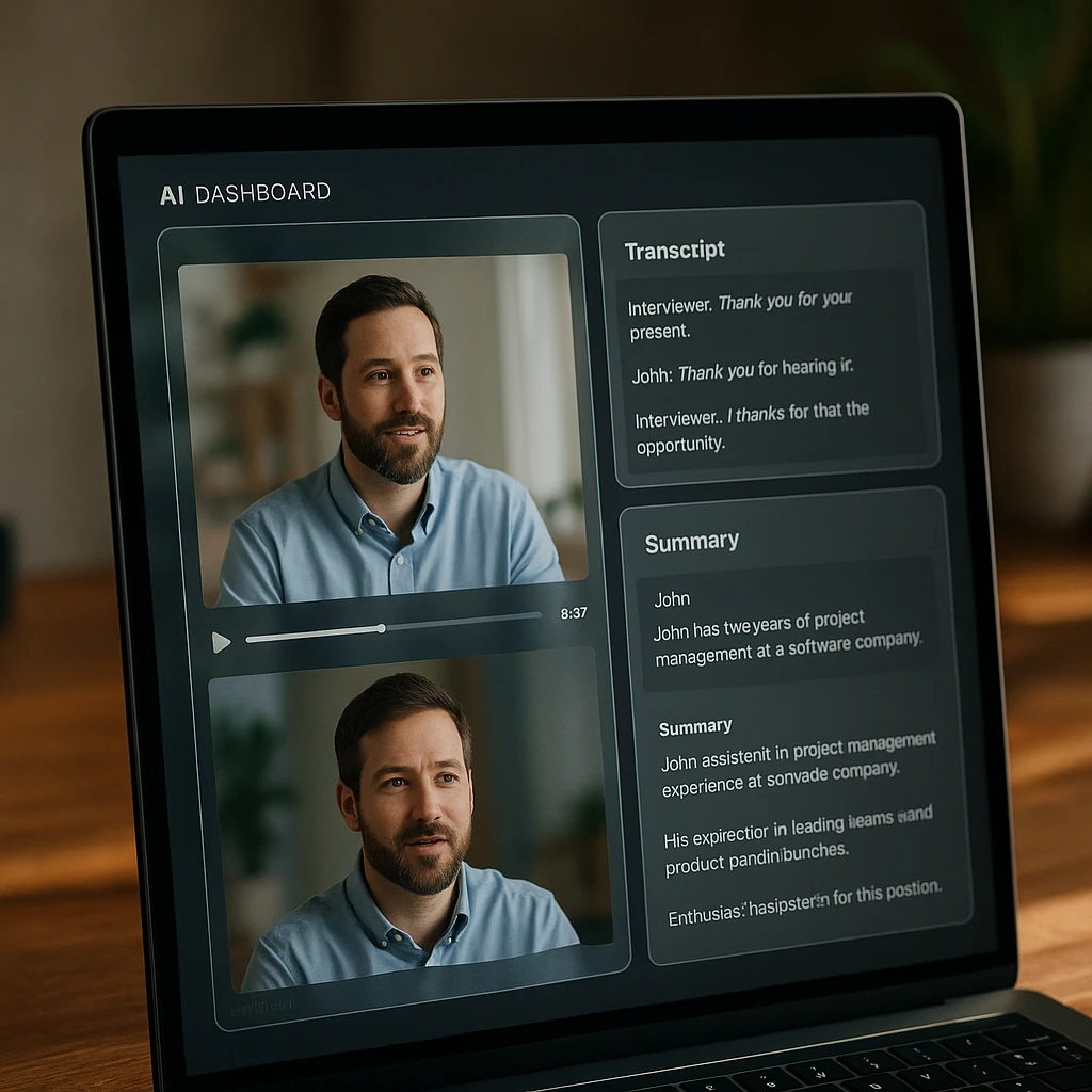 AI dashboard showing an automatically generated interview transcript and summary next to a video player