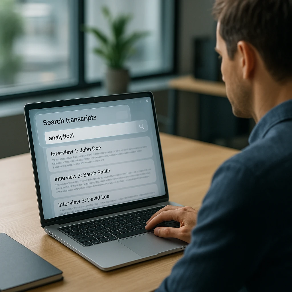 Recruiter searching across multiple candidate interview transcripts by keyword