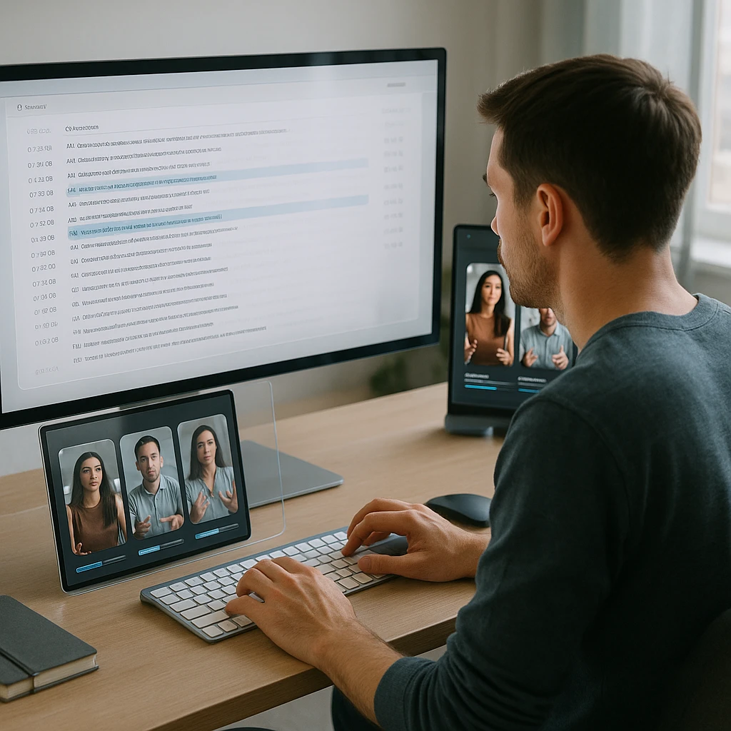 Marketer reviewing a timestamped video transcript on one screen while three vertical short-form clips export on another