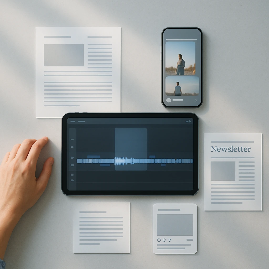 One long video timeline surrounded by the four assets extracted from it: an article draft, a vertical clip, a newsletter layout, and a carousel slide