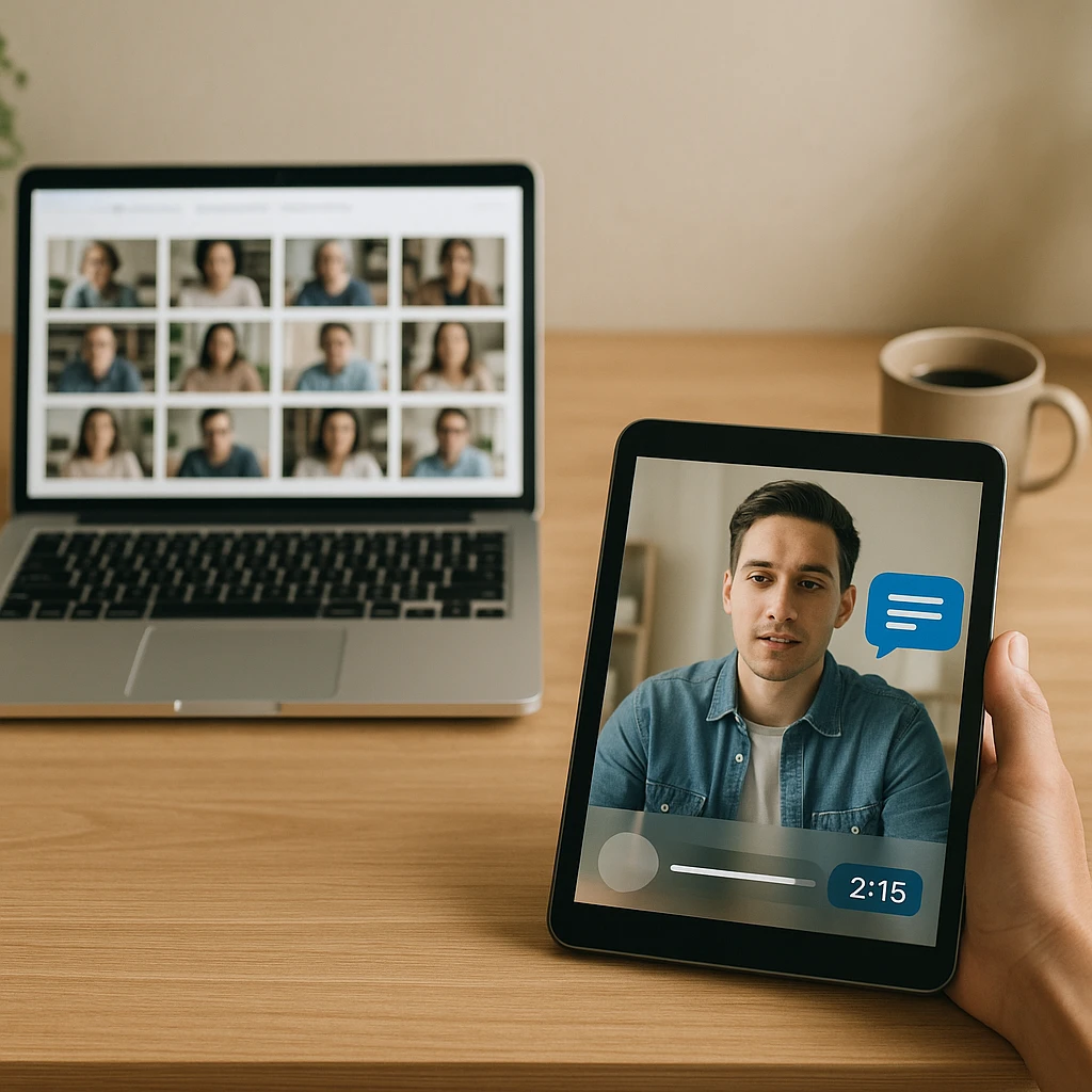 A laptop browsing a grid of many videos beside a tablet asking one specific video a question with a clickable timestamp, the two different jobs