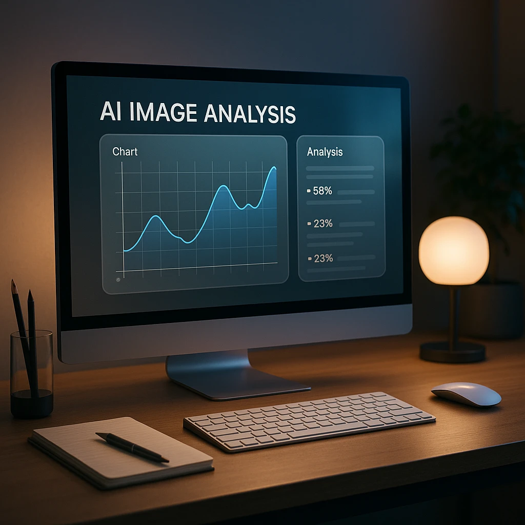 Espace de travail moderne montrant l'interface d'analyse d'image IA sur l'écran d'un ordinateur avec un graphique en cours d'analyse