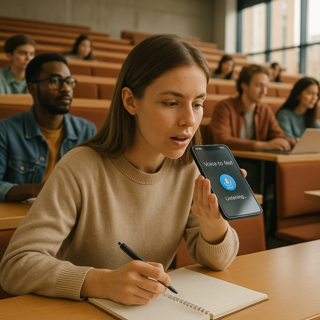 A student in a university lecture hall recording the professor on a phone with live voice-to-text transcription while taking notes