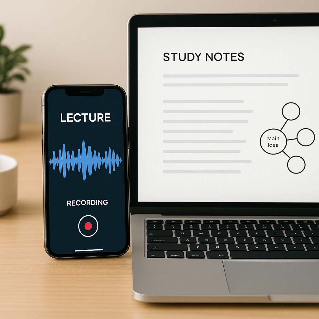 A phone recording a lecture with a live audio waveform next to a laptop showing the recording turned into organized study notes and a mind map