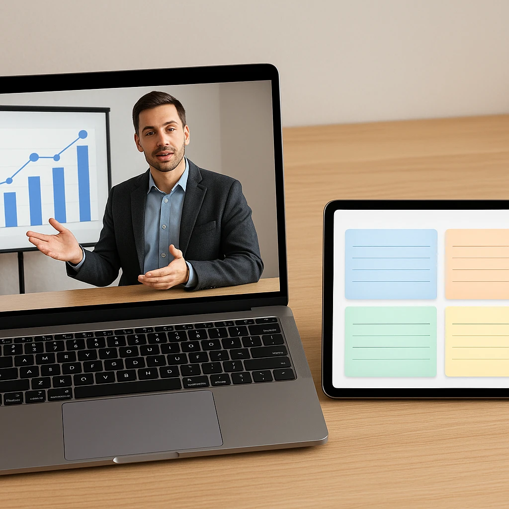 A recorded video call playing on a laptop next to a tablet holding the structured notes pulled out of it, showing how a meeting agent turns screen content into something you can read back