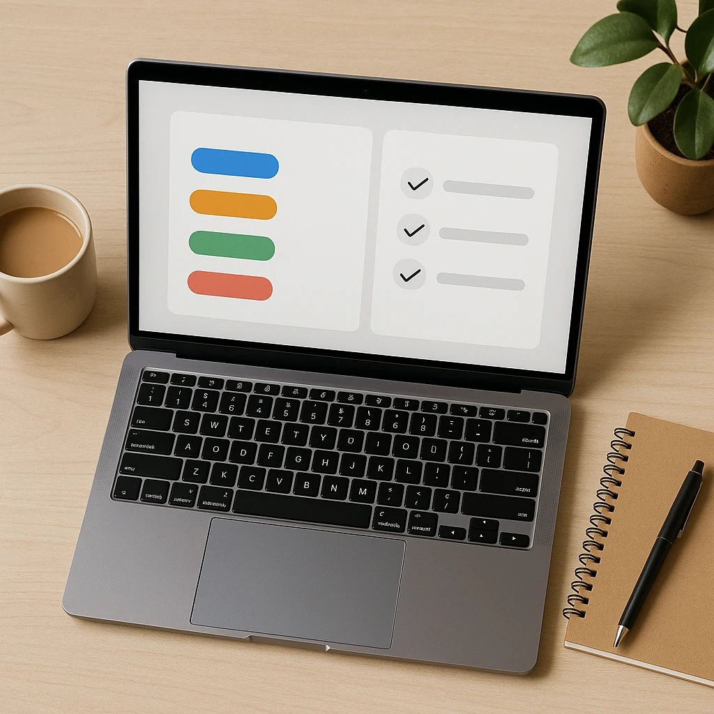 A laptop showing the output side of a meeting agent: labelled topics on the left, a short checklist of agreed action items on the right