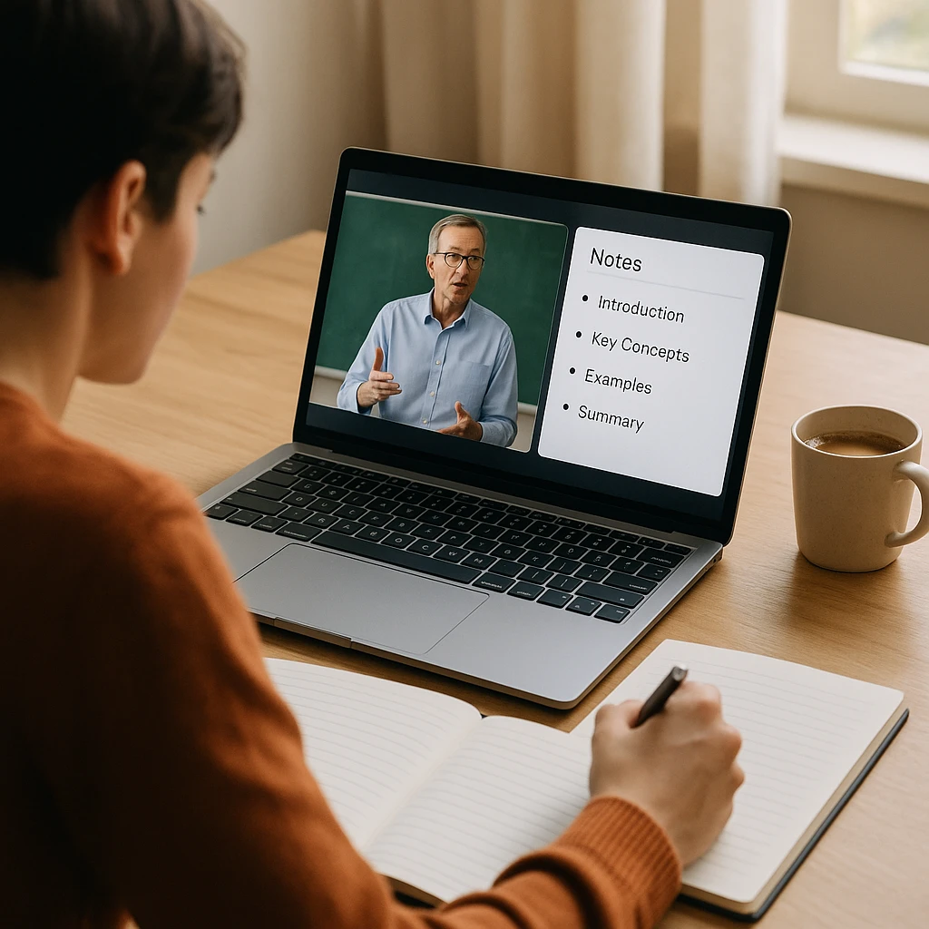 A student watching a recorded lecture on a laptop with an AI notes panel of key points appearing beside the video