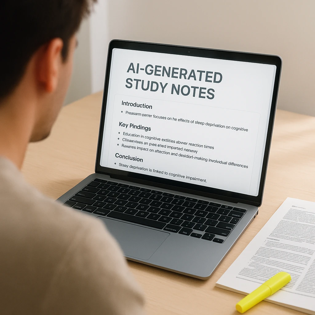 A person reviewing AI-generated study notes on a laptop next to a printed research paper and a highlighter