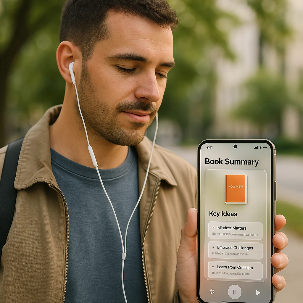 Person listening to a nonfiction book summary on a phone while walking outside