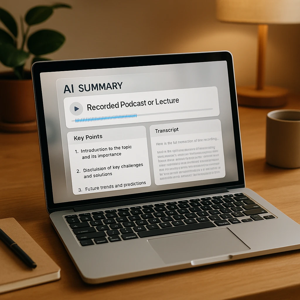 A laptop turning a recorded podcast or lecture into an AI summary with key points and a transcript