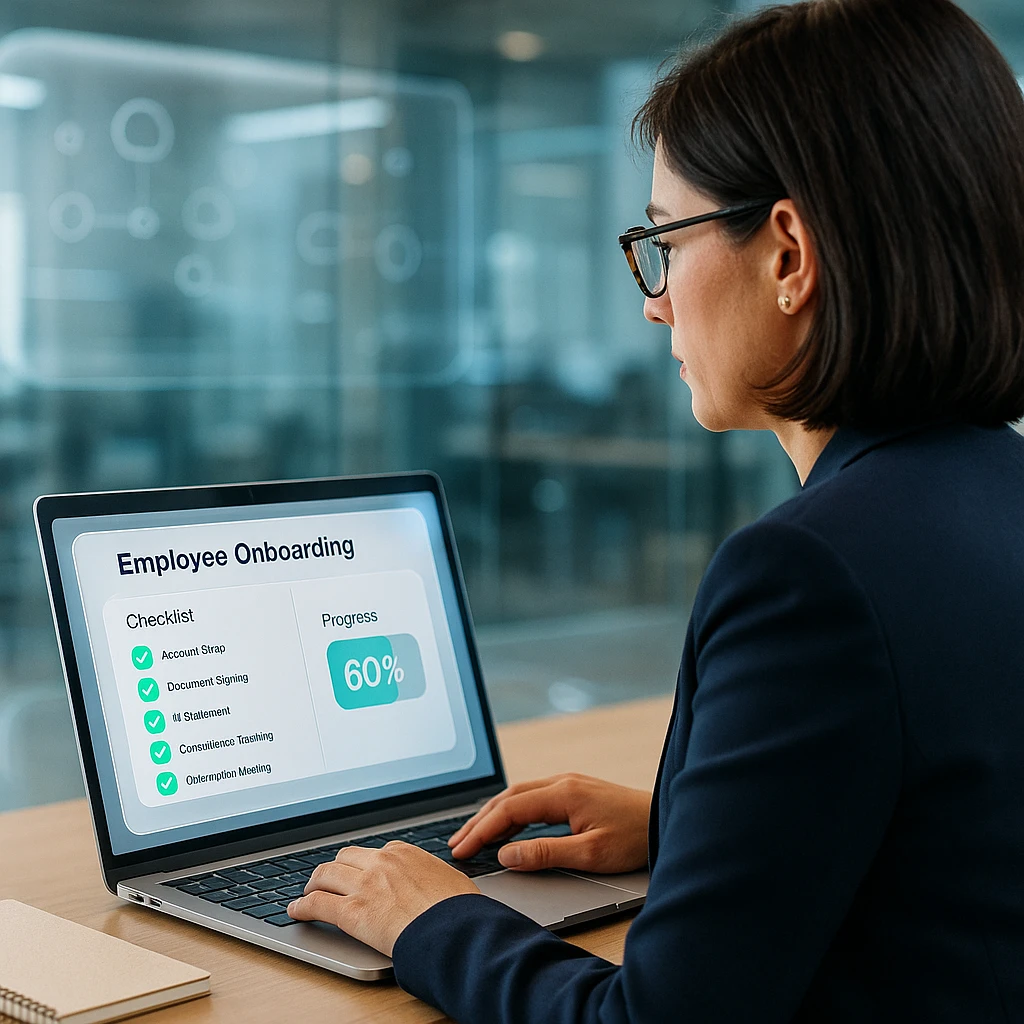 HR manager reviewing an employee onboarding dashboard with checklists and progress tracking