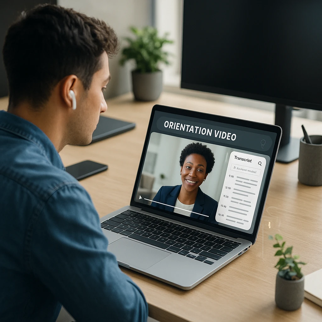 New hire watching a recorded orientation video with a searchable transcript panel open beside it