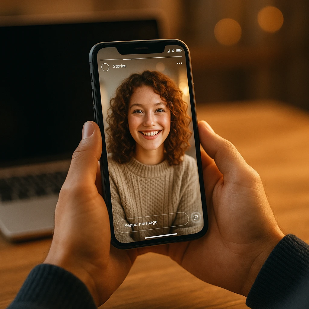 A person holding a phone that shows a Facebook-style story of a smiling woman, with a laptop on the desk behind