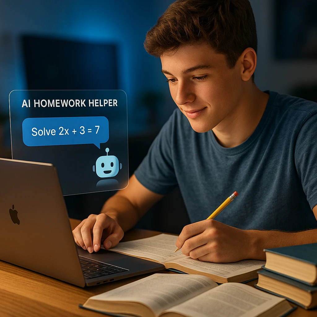 Étudiant utilisant un assistant IA pour les devoirs de manière responsable avec des manuels et du matériel d'apprentissage