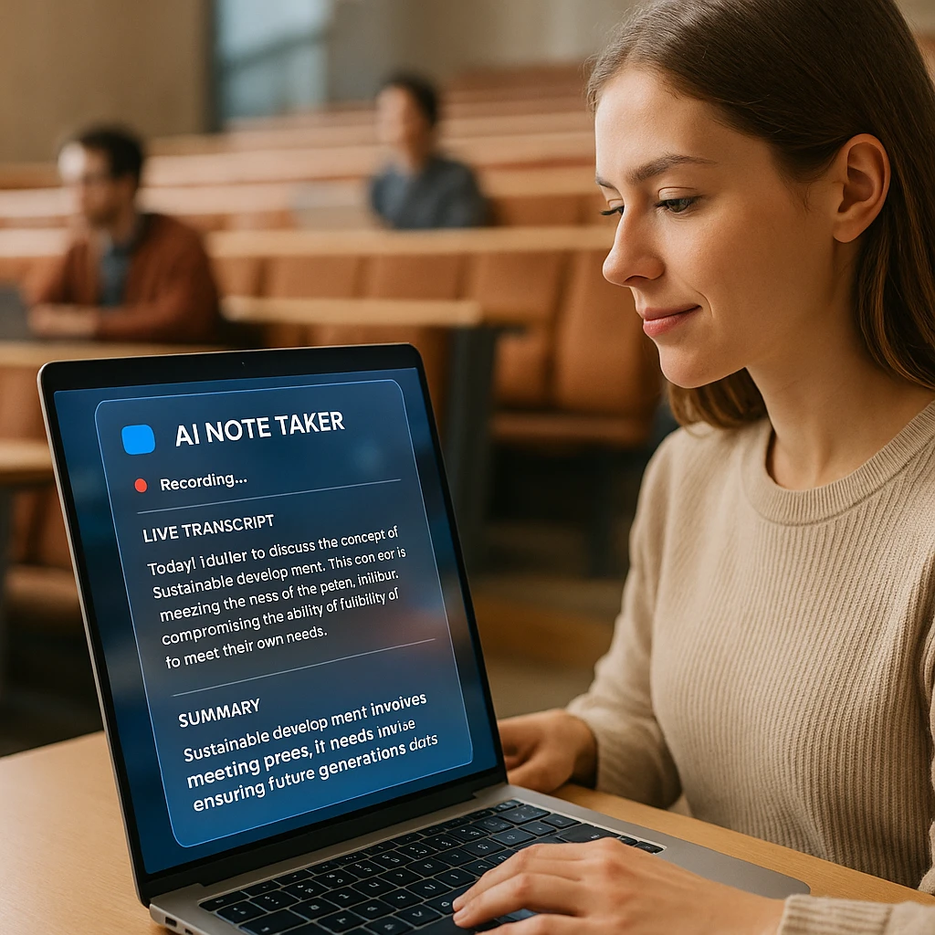 A student in a lecture hall with a laptop showing an AI note taker recording, a live transcript and summary on screen
