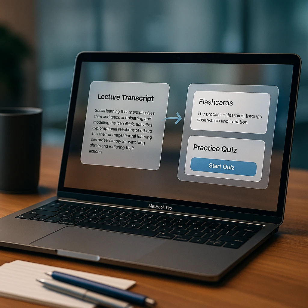 A laptop showing a lecture transcript being turned into flashcards and a practice quiz, a student study workflow
