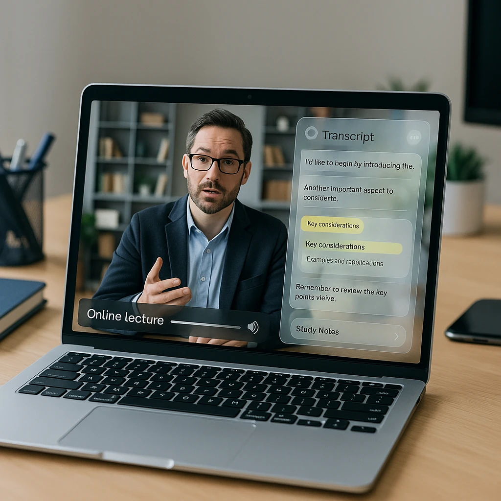 A recorded online lecture beside a searchable transcript and study notes on a laptop