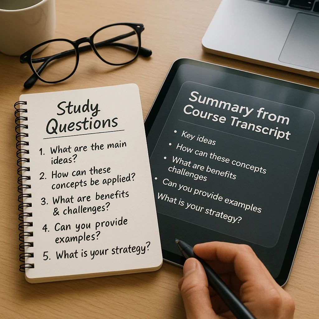 Study notes and questions generated from a course transcript, laid out on a desk beside a laptop