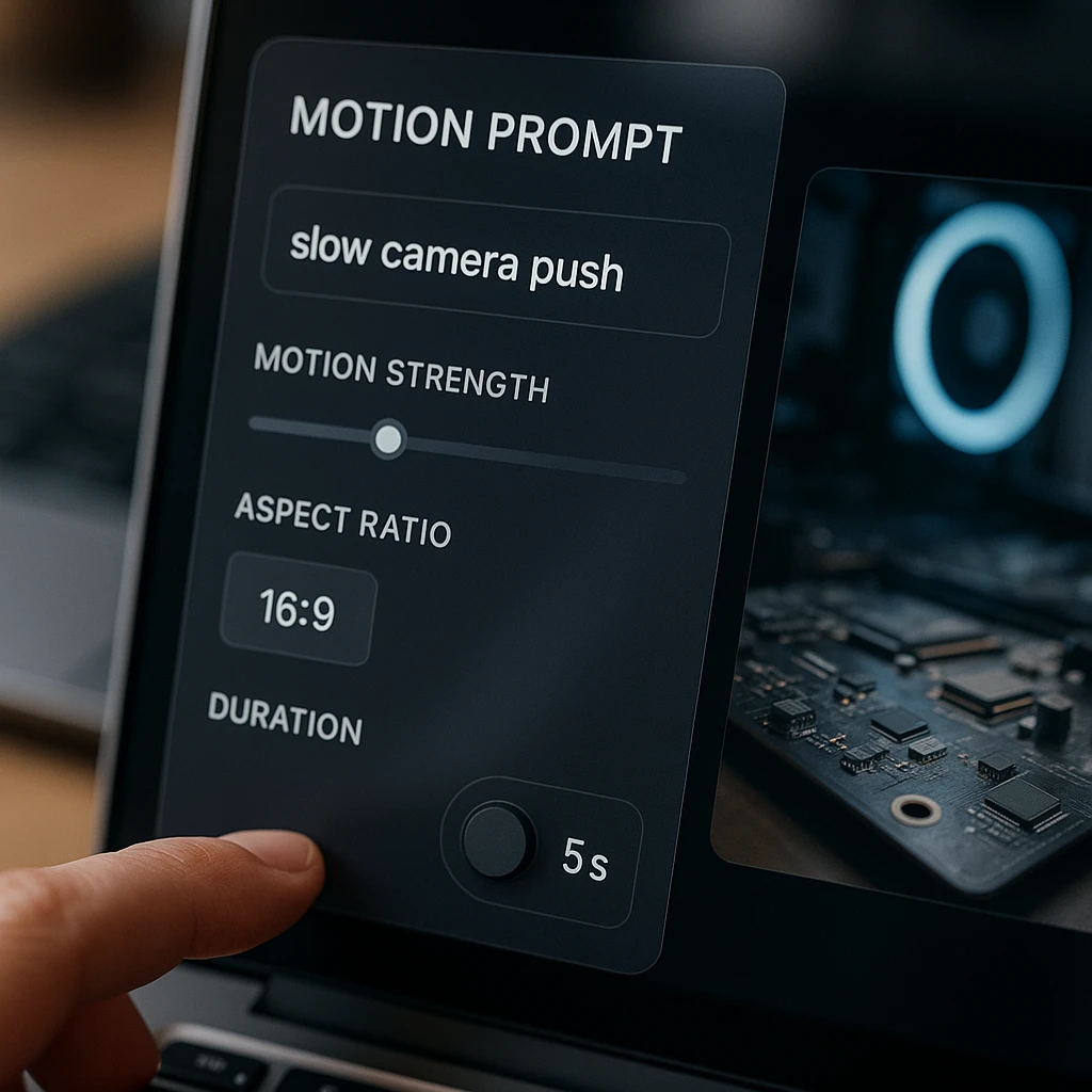 Motion prompt, motion strength slider, and duration settings being adjusted in a free image to video AI tool