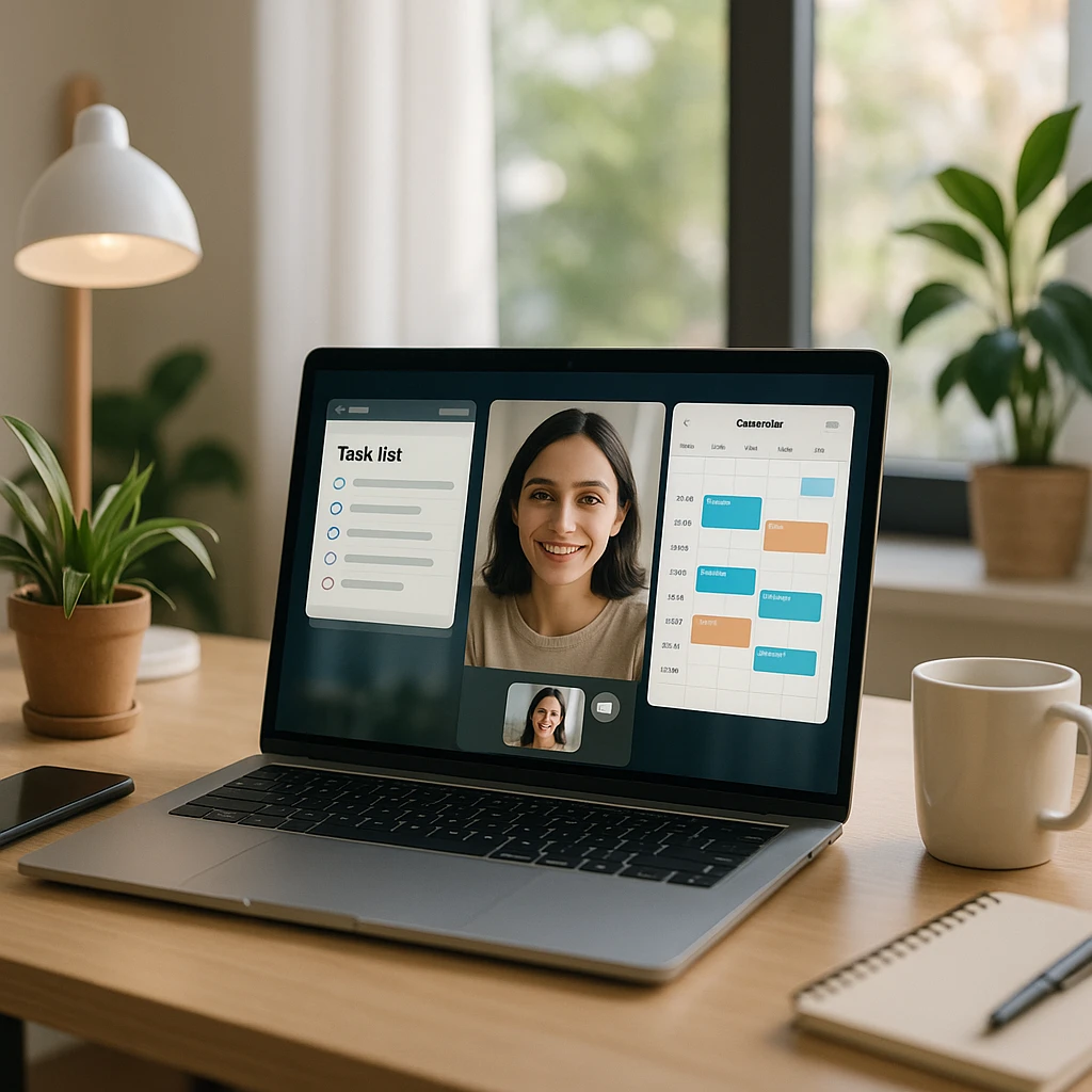 Remote worker at a home desk with multiple productivity apps open on a monitor, showing a task list, chat window, and calendar