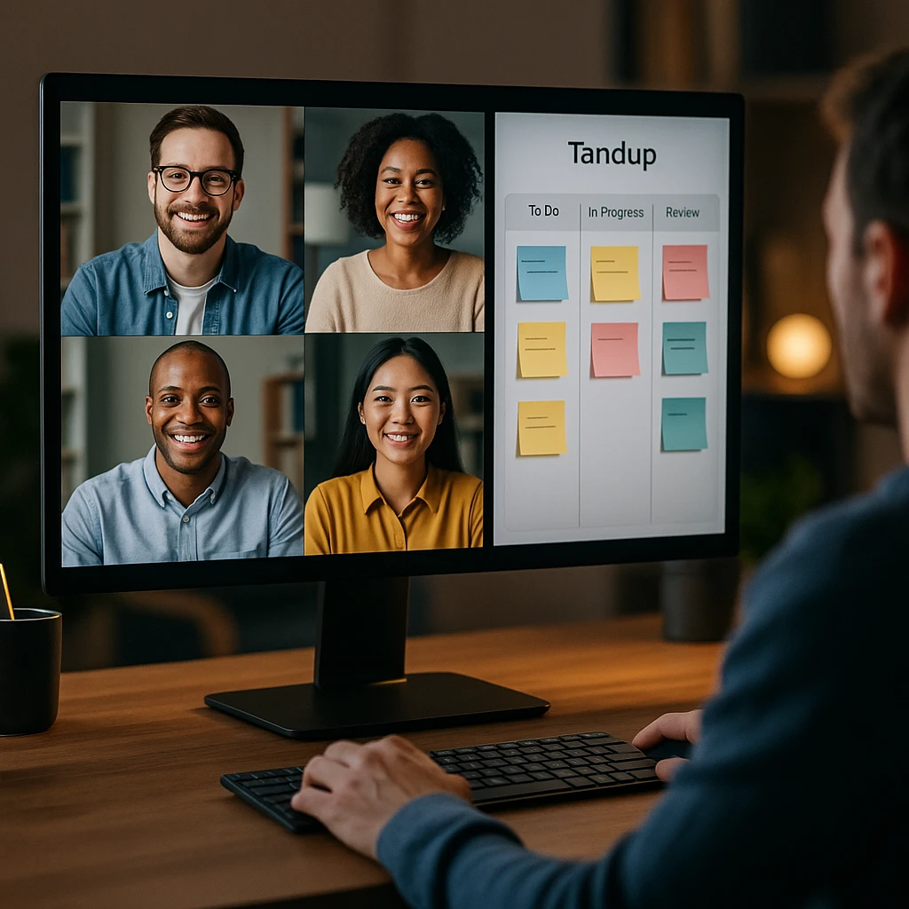 Split screen showing a remote team standup call on one side and a project management board on the other, representing WFH collaboration tools