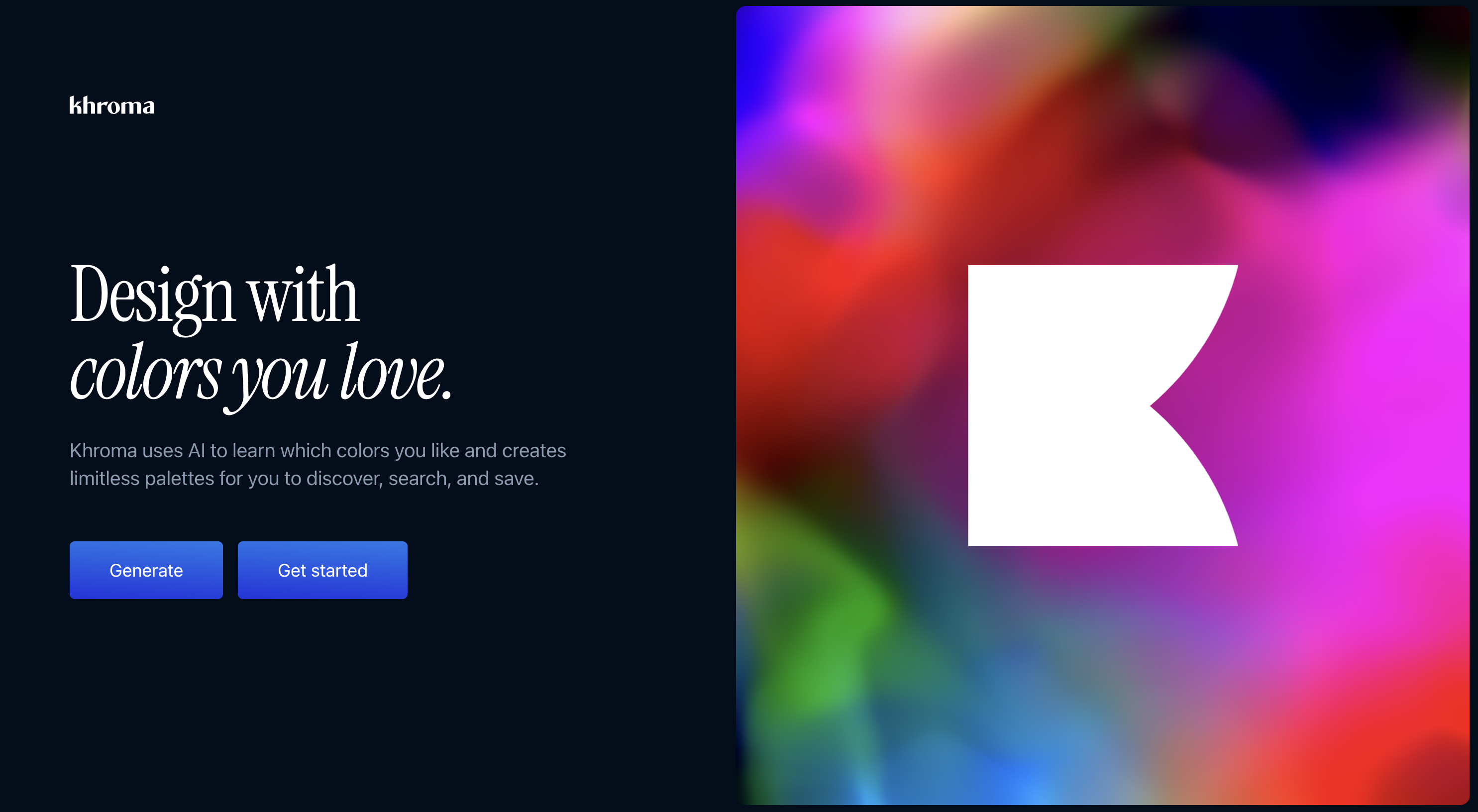 Khroma AI color palette generator interface showing harmonious color schemes and palette options