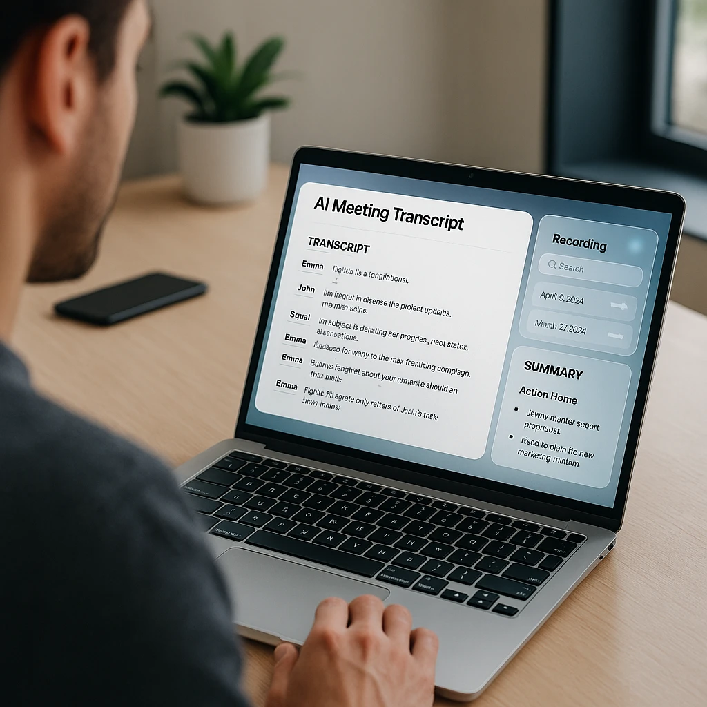 Reviewing an AI meeting transcript with speaker labels, summary, and action items after a recorded call