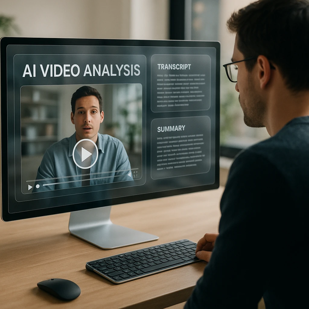 AI video analysis dashboard with the video, transcript, and summary panels together