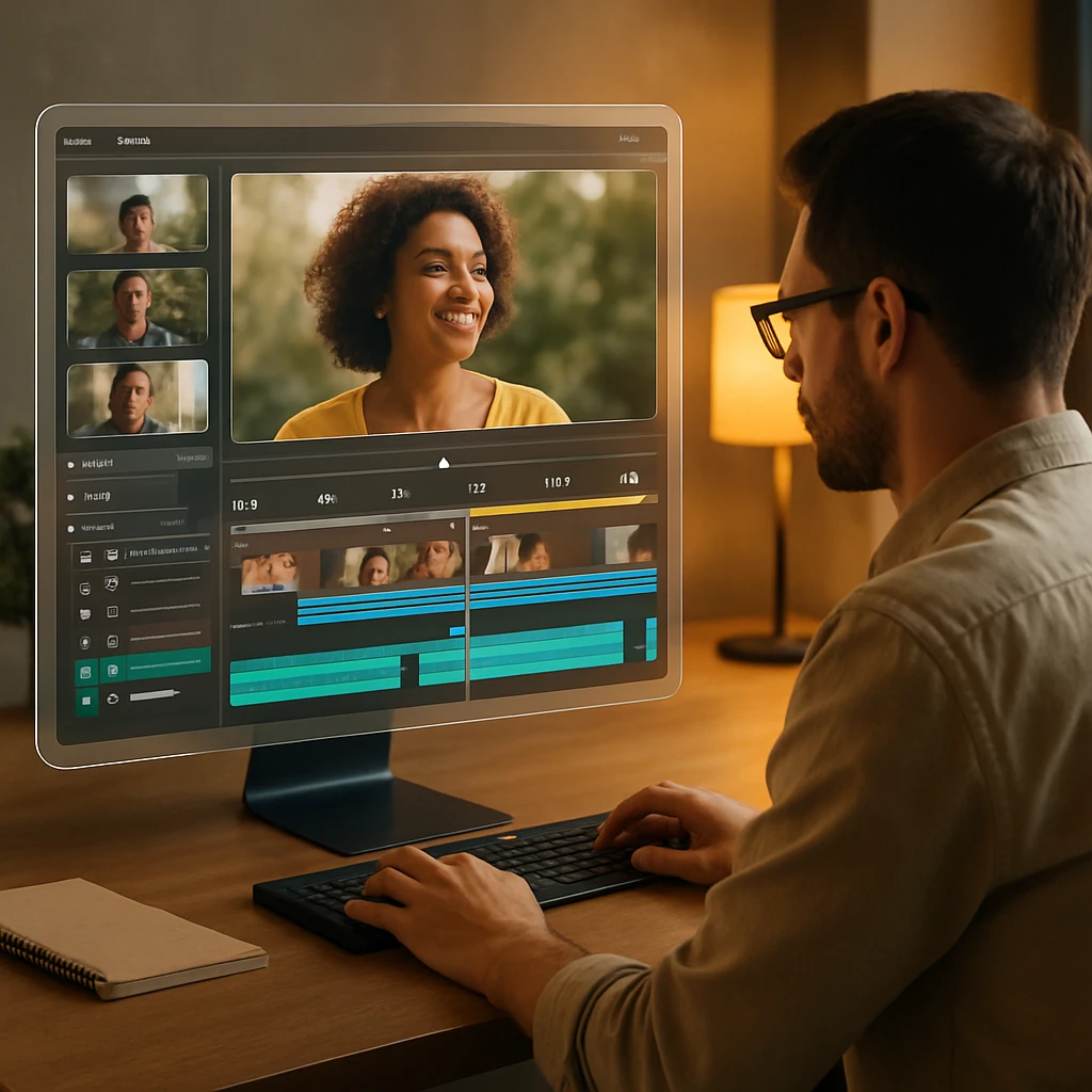 Designer editing a video timeline with clip thumbnails and a playhead on a large monitor