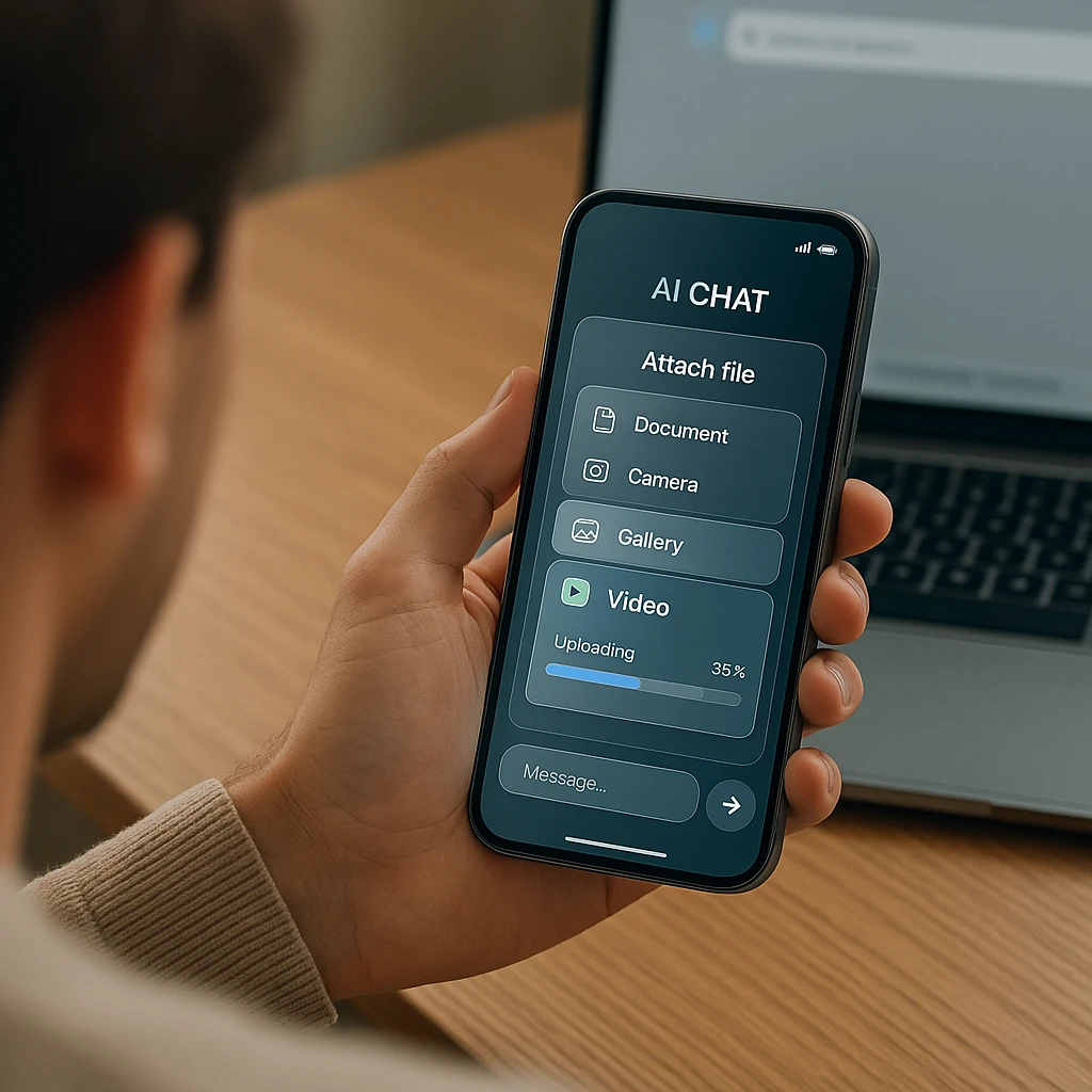 Person uploading a video file to an AI chat attachment menu on a smartphone