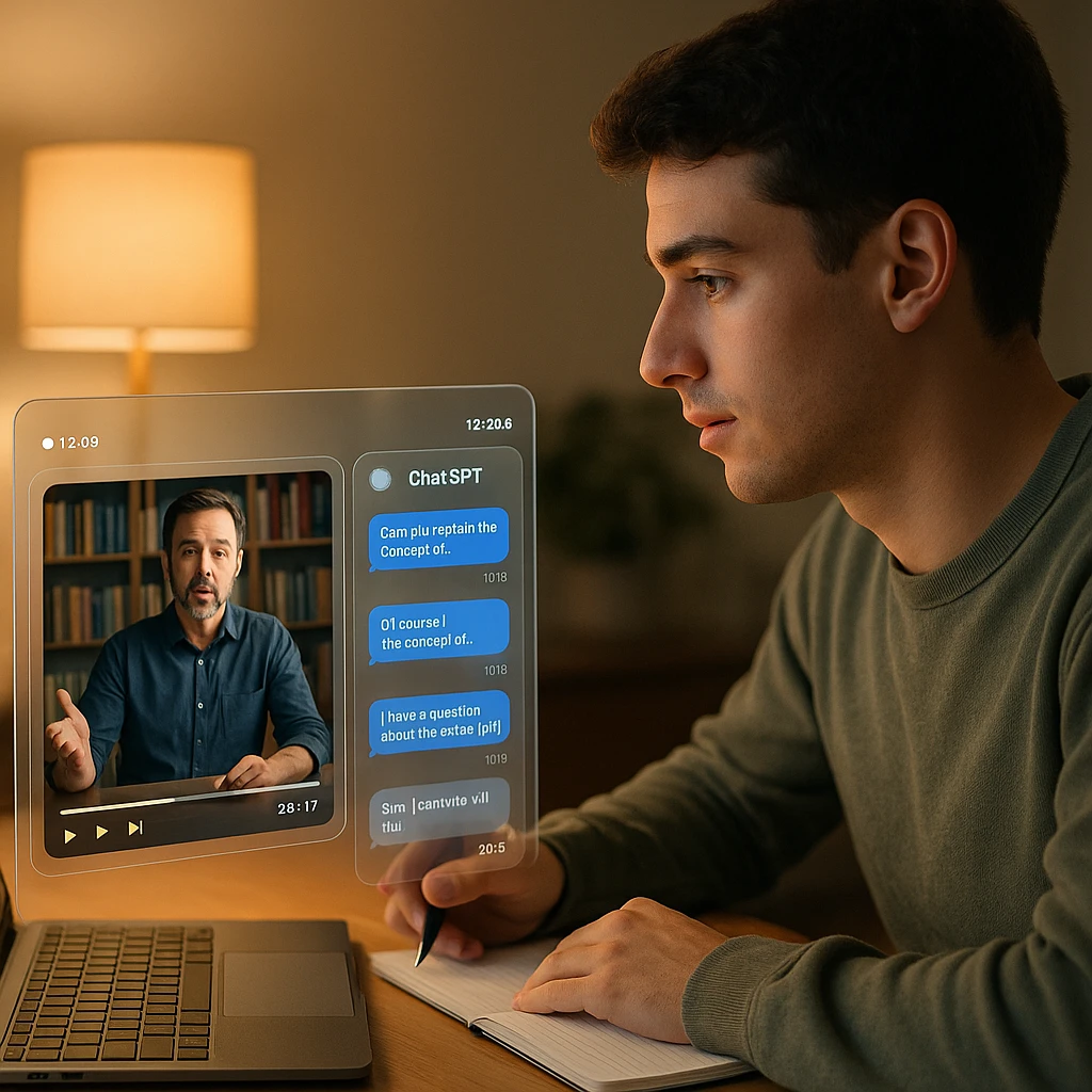 Student chatting with an AI about a video lecture, with timestamps shown beside the player