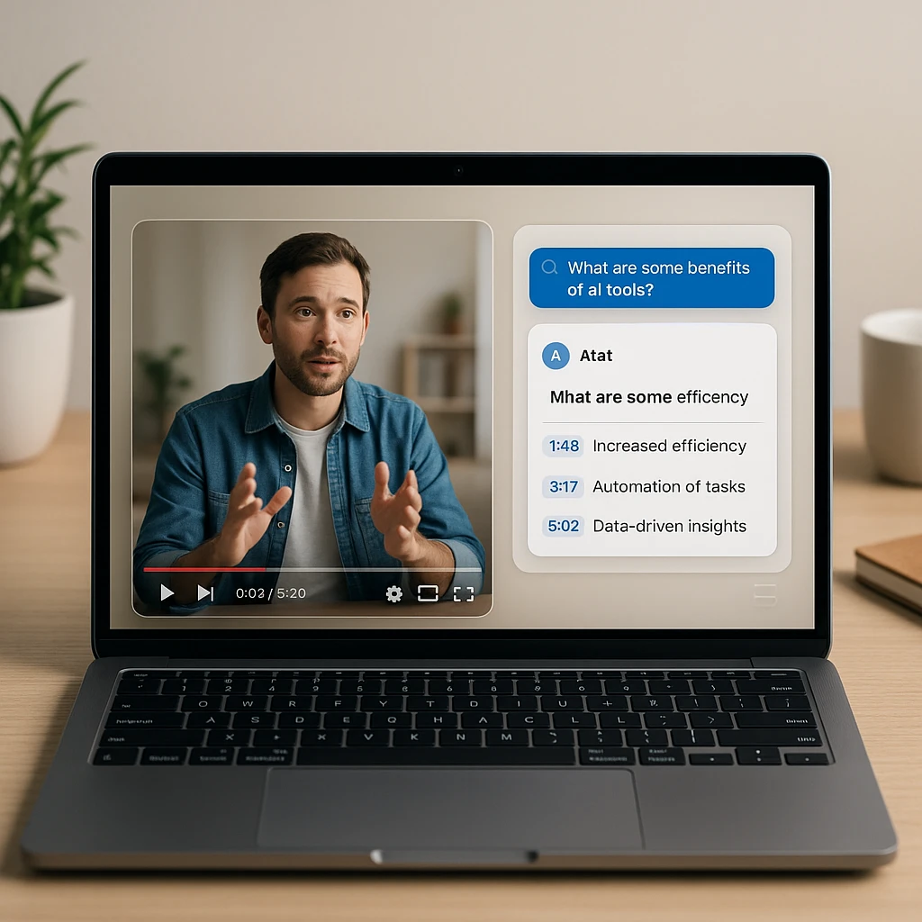 Video player beside an AI chat interface answering questions with clickable timestamps