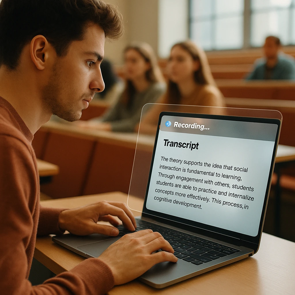 Student recording a university lecture on a laptop while a live transcript appears on screen