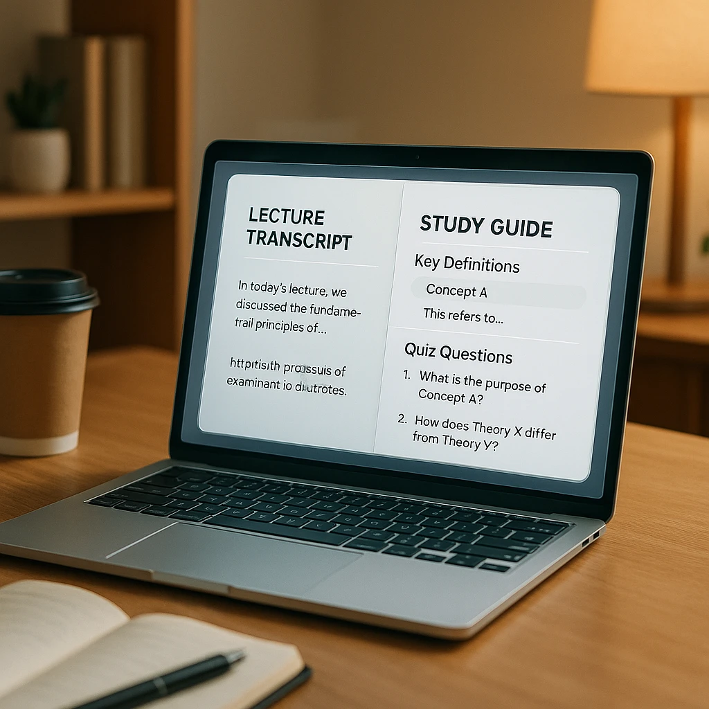 A lecture transcript turned into a study guide with definitions and practice questions on a laptop screen