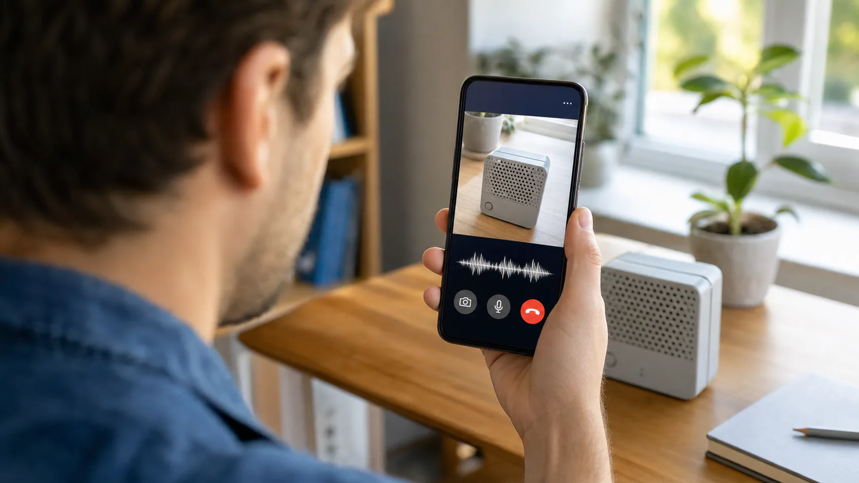 Person using a phone camera during a live AI voice conversation to get help with a device