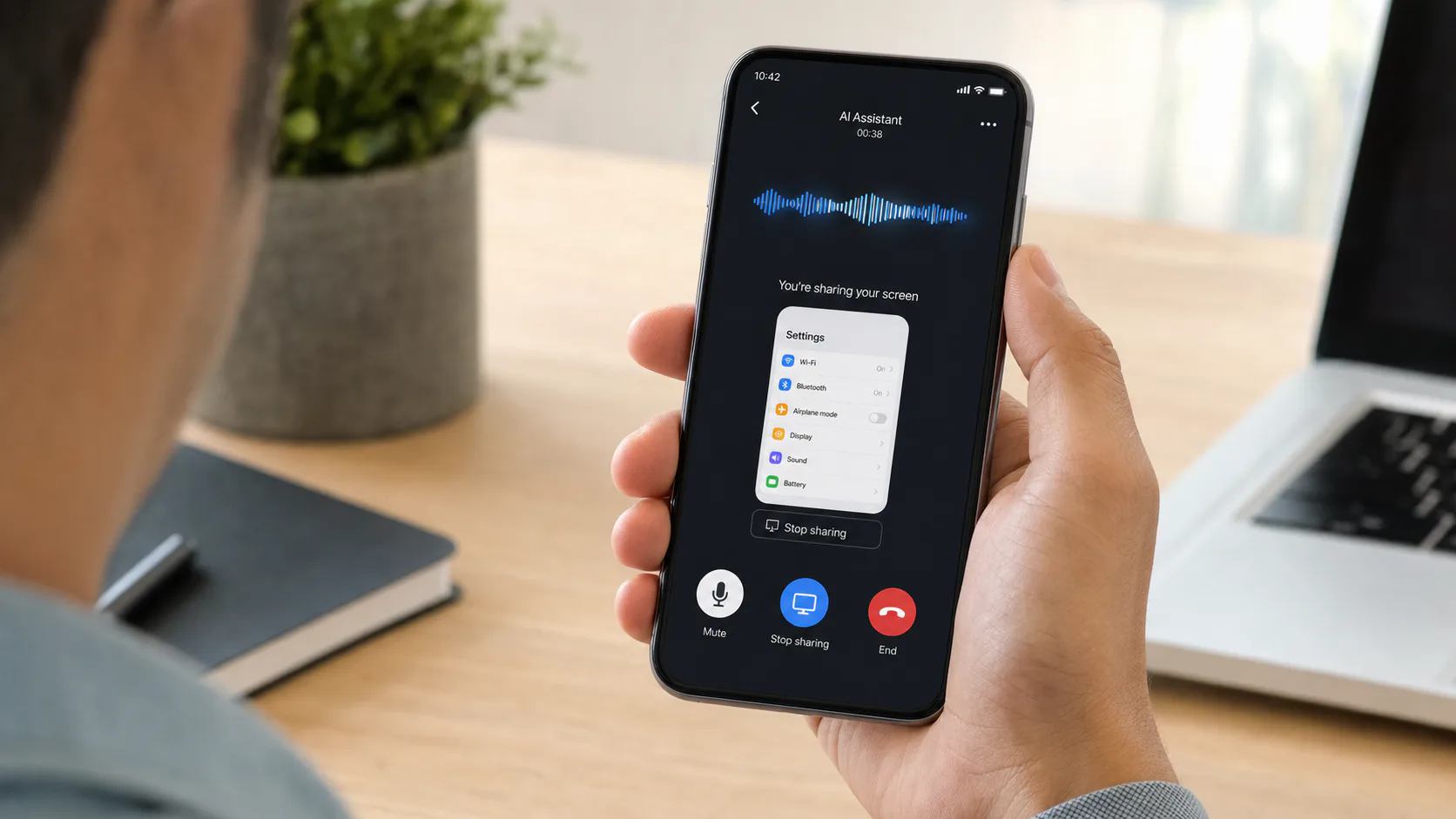 Person sharing a phone settings screen during a generic AI voice conversation