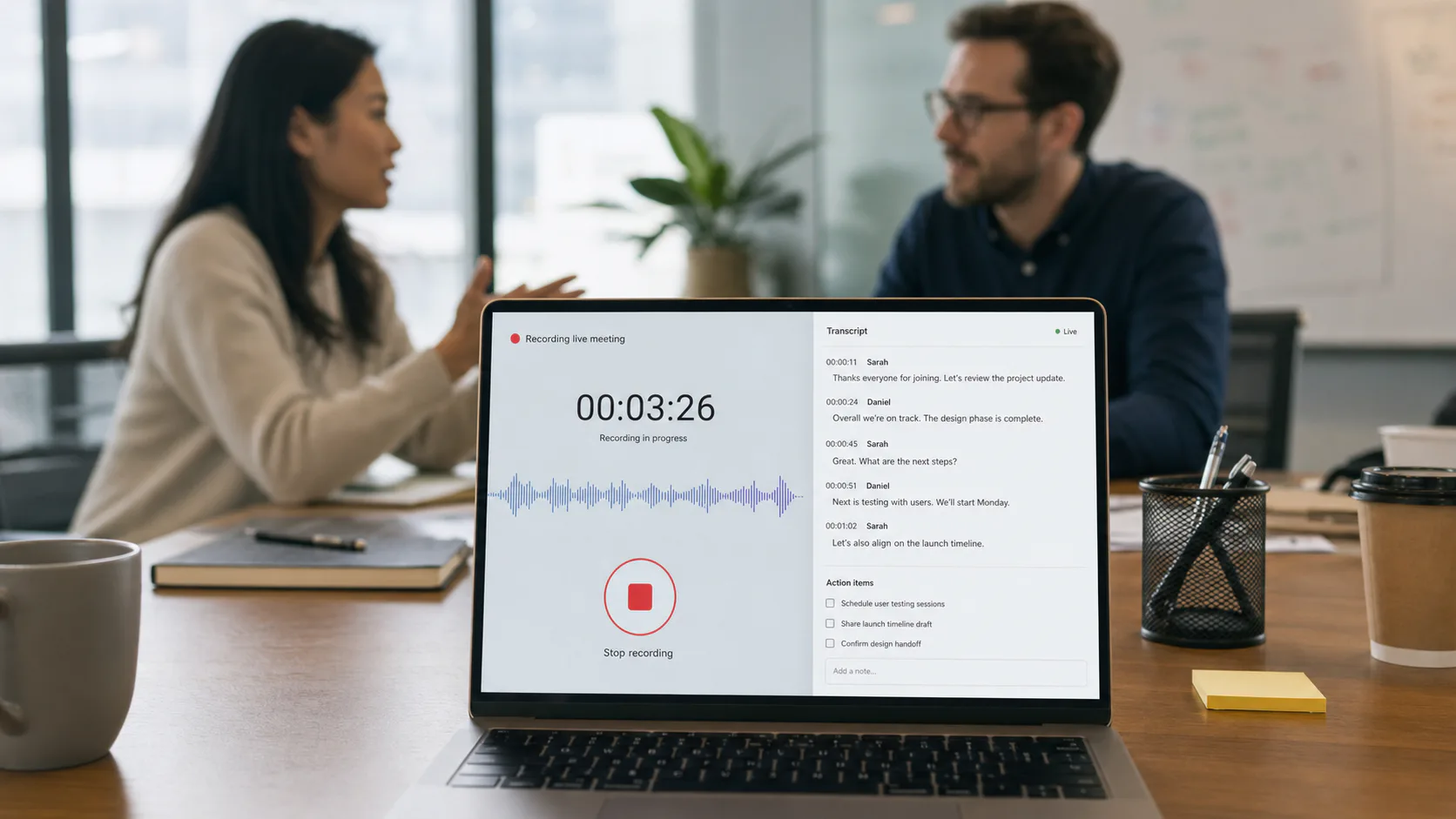 Laptop recording a live meeting and creating a transcript with action items