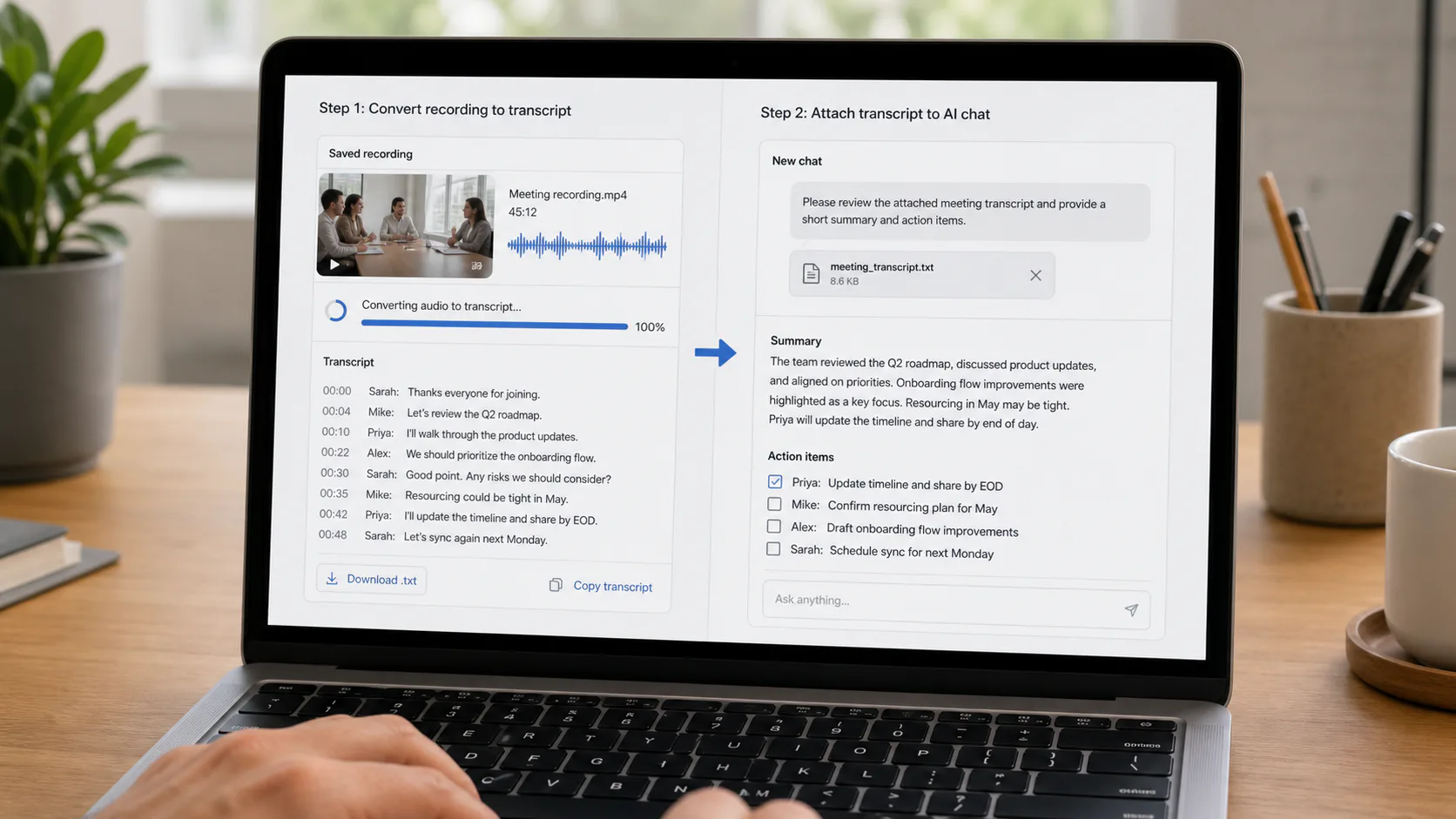 Two-step workflow converting a saved meeting recording into a transcript and attaching it to an AI chat for a summary