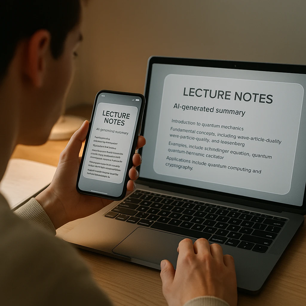 Student comparing an AI lecture note taker phone app against a laptop web app, both showing lecture notes